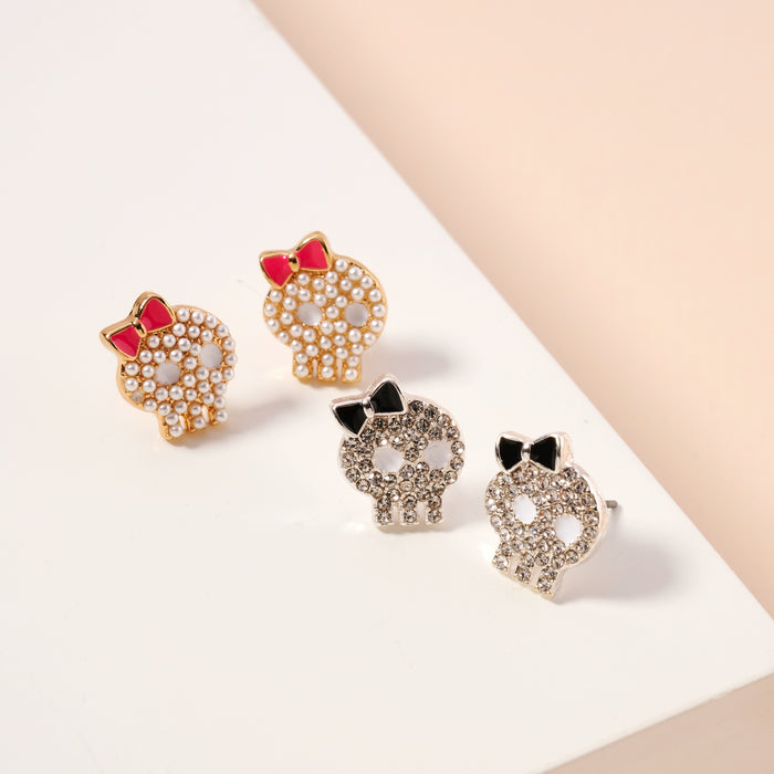 Halloween Skull with Bow Rhinestones Stud Earrings