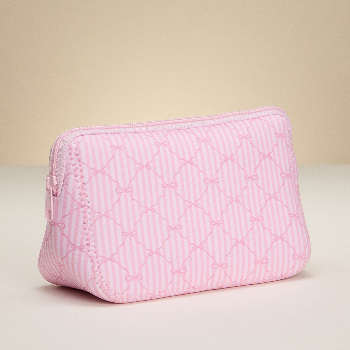 Top Zipper Cosmetic PoucChic Pink Bow Stripe Neoprene Pouchhes-Neoprene