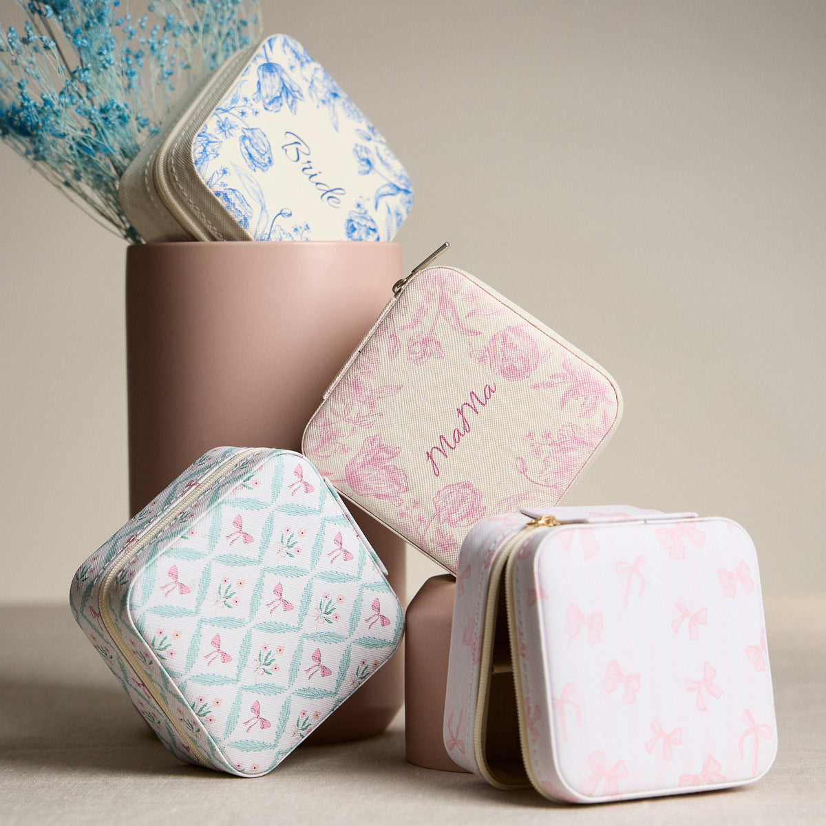 Blue Floral with Pink Bow Jewelry Box - Travel Size