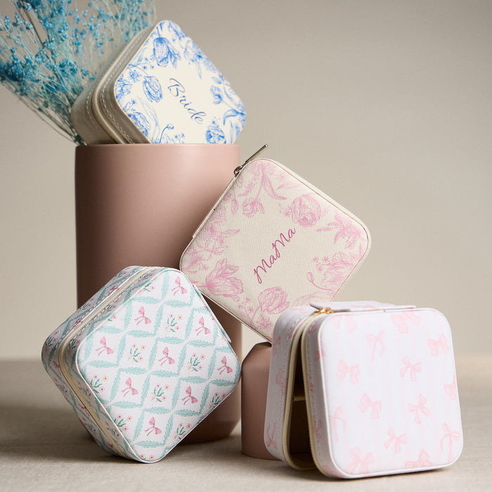 Blue Floral with Pink Bow Jewelry Box - Travel Size