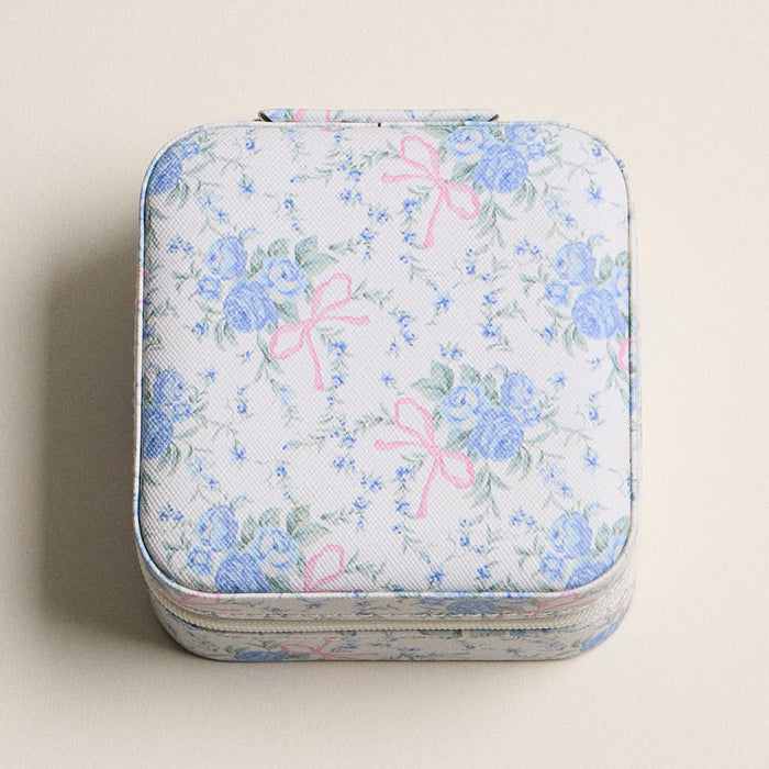 Blue Floral with Pink Bow Jewelry Box - Travel Size