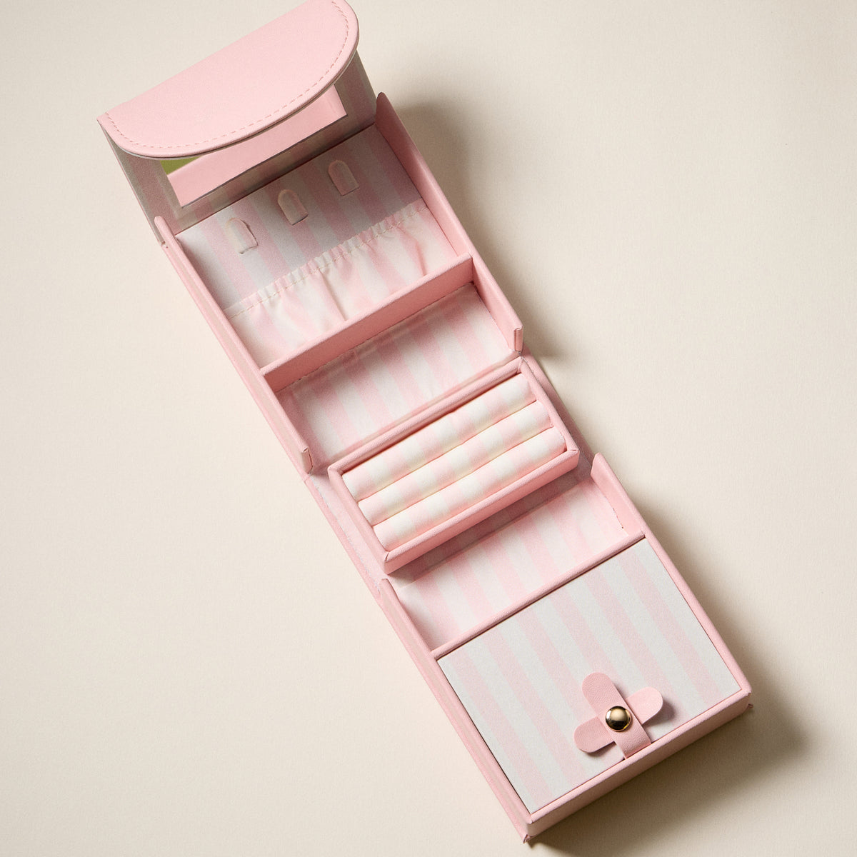 Pink Travel Jewelry Organizer Case – Compact Jewelry Box with Mirror, Ring Rolls, Earring Holder & Snap Closure