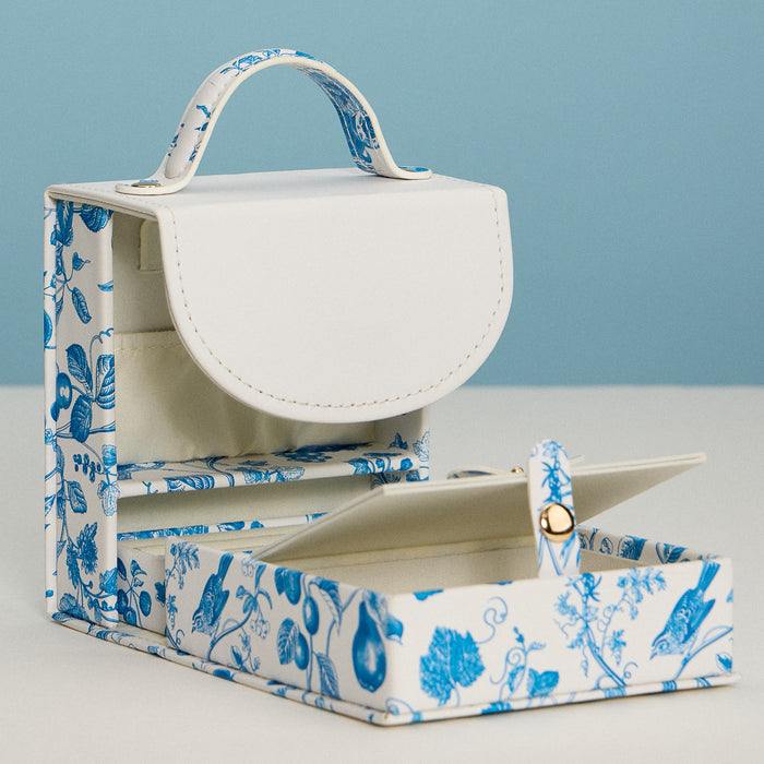 Blue Vintage Floral Foldable Travel Jewelry Box with Mirror