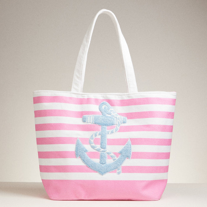 Terry Stripe Print and Anchor Patched Large Size Beach Tote