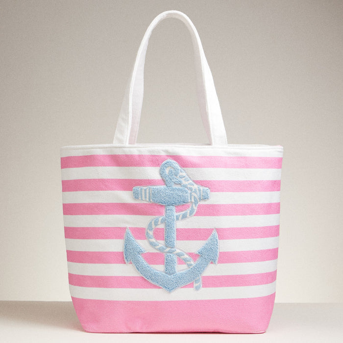 Terry Stripe Print and Anchor Patched Large Size Beach Tote