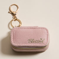 Mini Jewelry Travel Case with Keychain – Pink Velvet “Blessed” Design