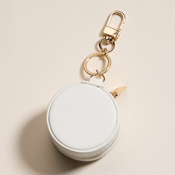 Mini Round Jewelry Travel Case with Keychain – White & Pink Bow Design
