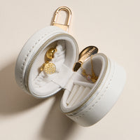 Mini Round Jewelry Travel Case with Keychain – White & Pink Floral Print