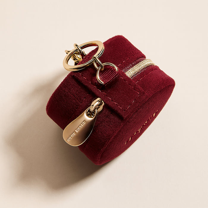 Mini Round Jewelry Travel Case with Keychain – Red Velvet "Happy" Design