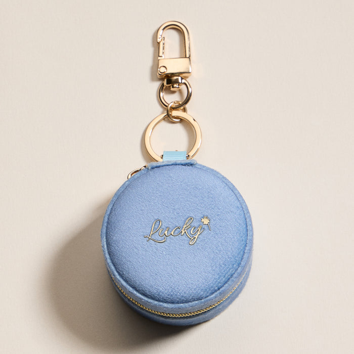 Mini Round Jewelry Travel Case with Keychain – Blue Velvet "Lucky" Design