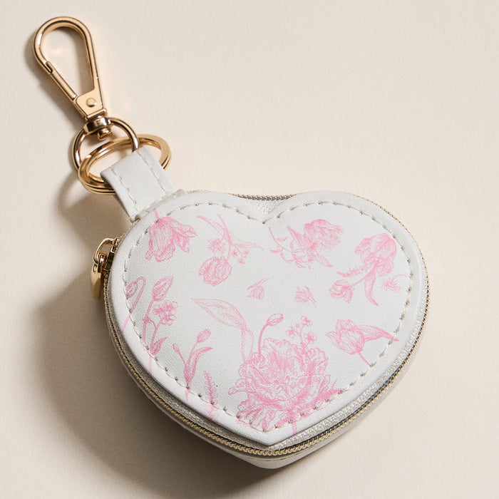 Heart-Shaped Jewelry Travel Case with Keychain – White & Pink Floral Print