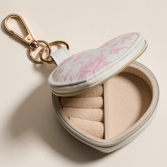 Heart-Shaped Jewelry Travel Case with Keychain – White & Pink Floral Print