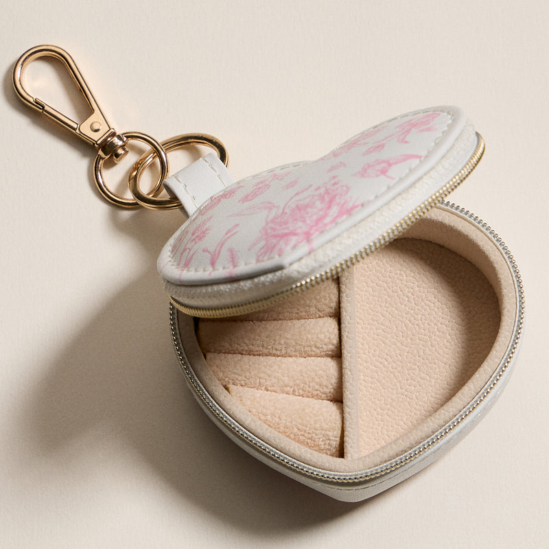Heart-Shaped Jewelry Travel Case with Keychain – White & Pink Floral Print