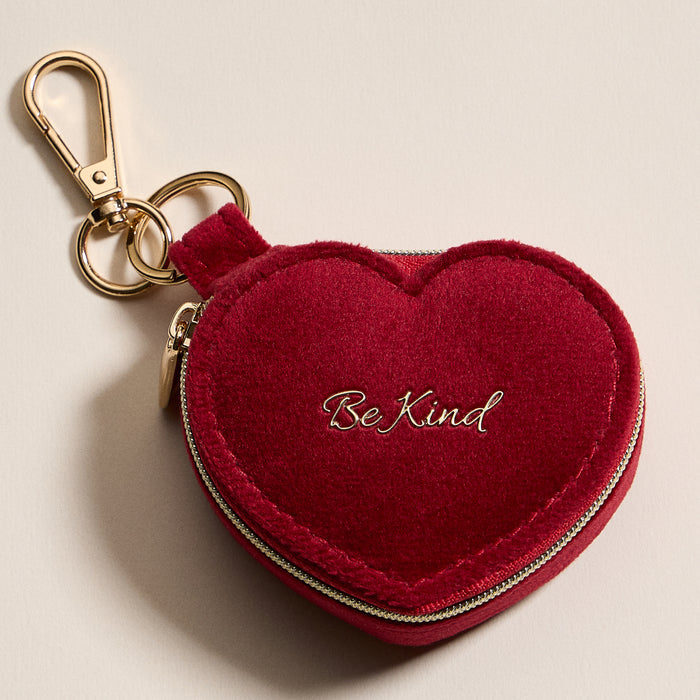 Heart-Shaped Jewelry Travel Case with Keychain – Pink Velvet "Be Kind" Design