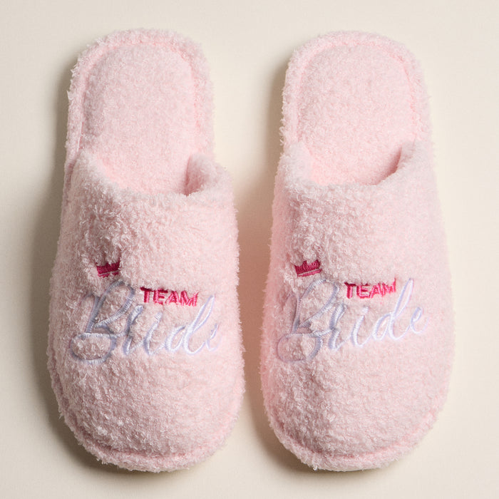 Fuzzy Team Bride Slippers with Crown Embroidery