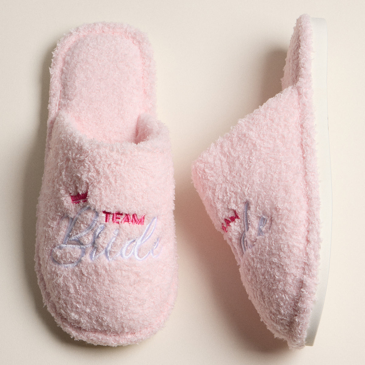 Fuzzy Team Bride Slippers with Crown Embroidery