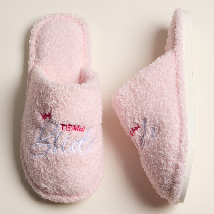 Fuzzy Team Bride Slippers with Crown Embroidery