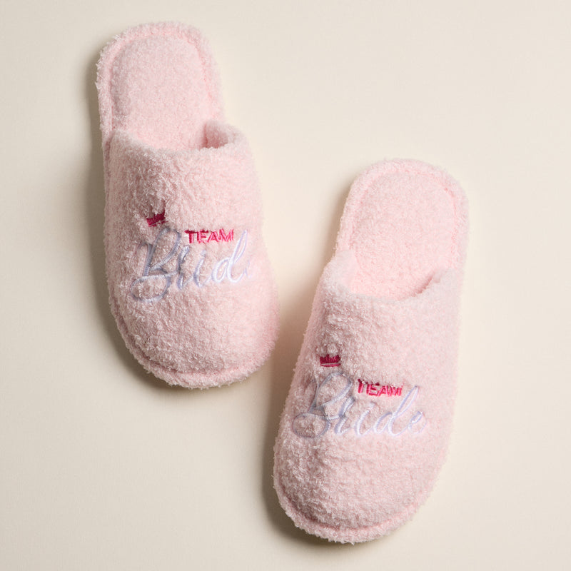 Fuzzy Team Bride Slippers with Crown Embroidery