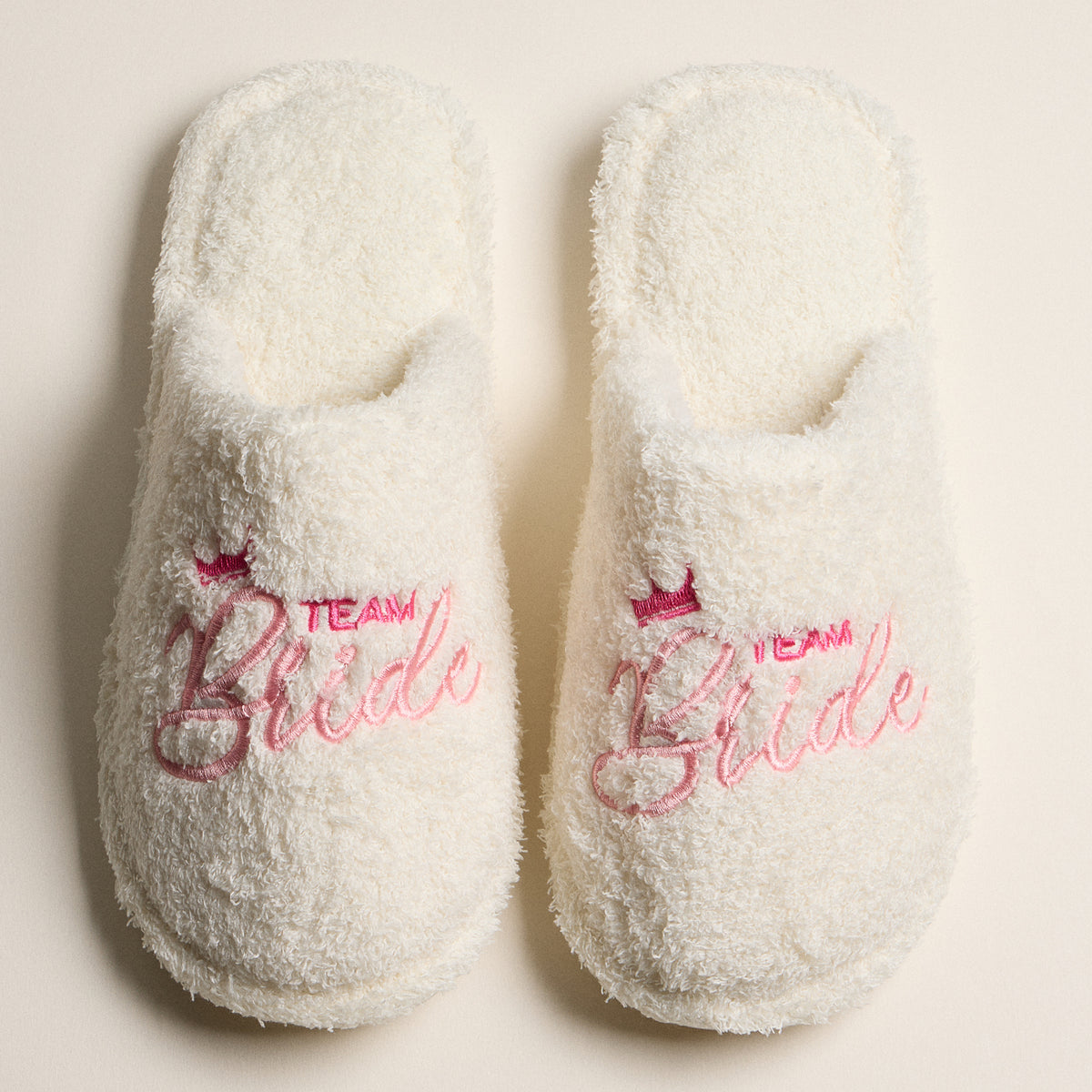 Fuzzy Team Bride Slippers with Crown Embroidery