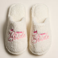 Fuzzy Team Bride Slippers with Crown Embroidery