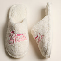 Fuzzy Team Bride Slippers with Crown Embroidery