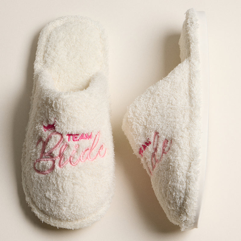 Fuzzy Team Bride Slippers with Crown Embroidery