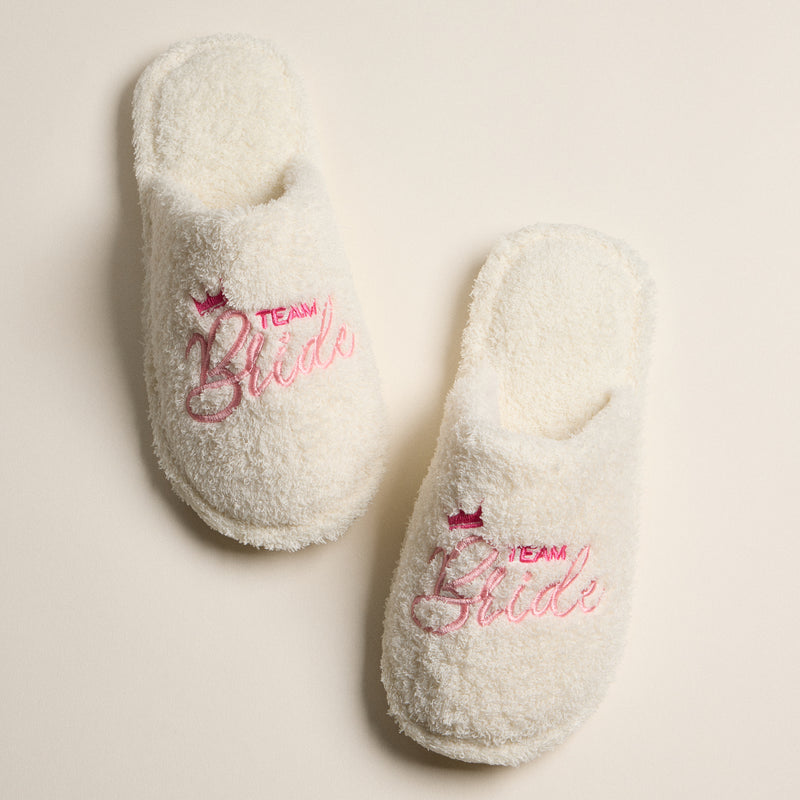Fuzzy Team Bride Slippers with Crown Embroidery