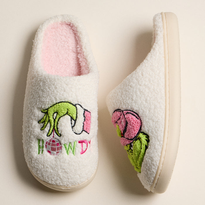 Fuzzy Holiday Slippers with Green Monster Embroidery