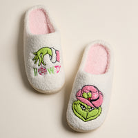 Fuzzy Holiday Slippers with Green Monster Embroidery