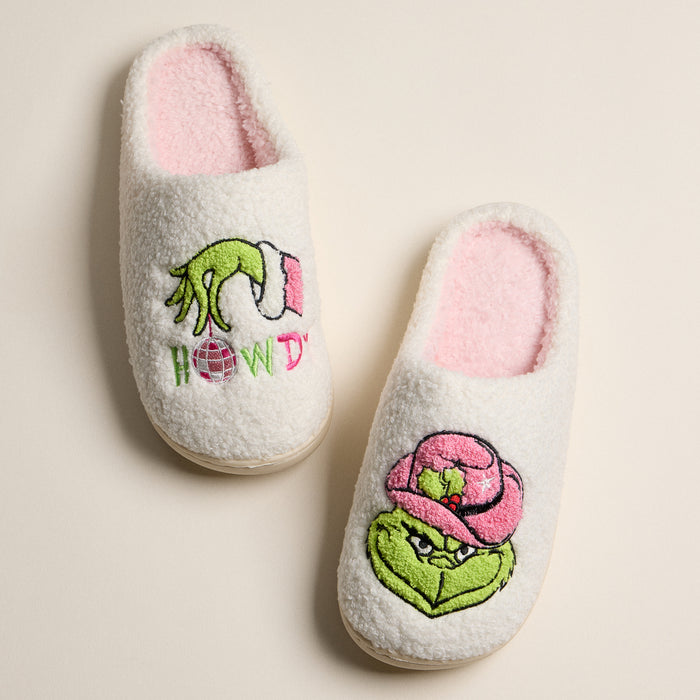 Fuzzy Holiday Slippers with Green Monster Embroidery