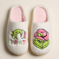 Fuzzy Holiday Slippers with Green Monster Embroidery