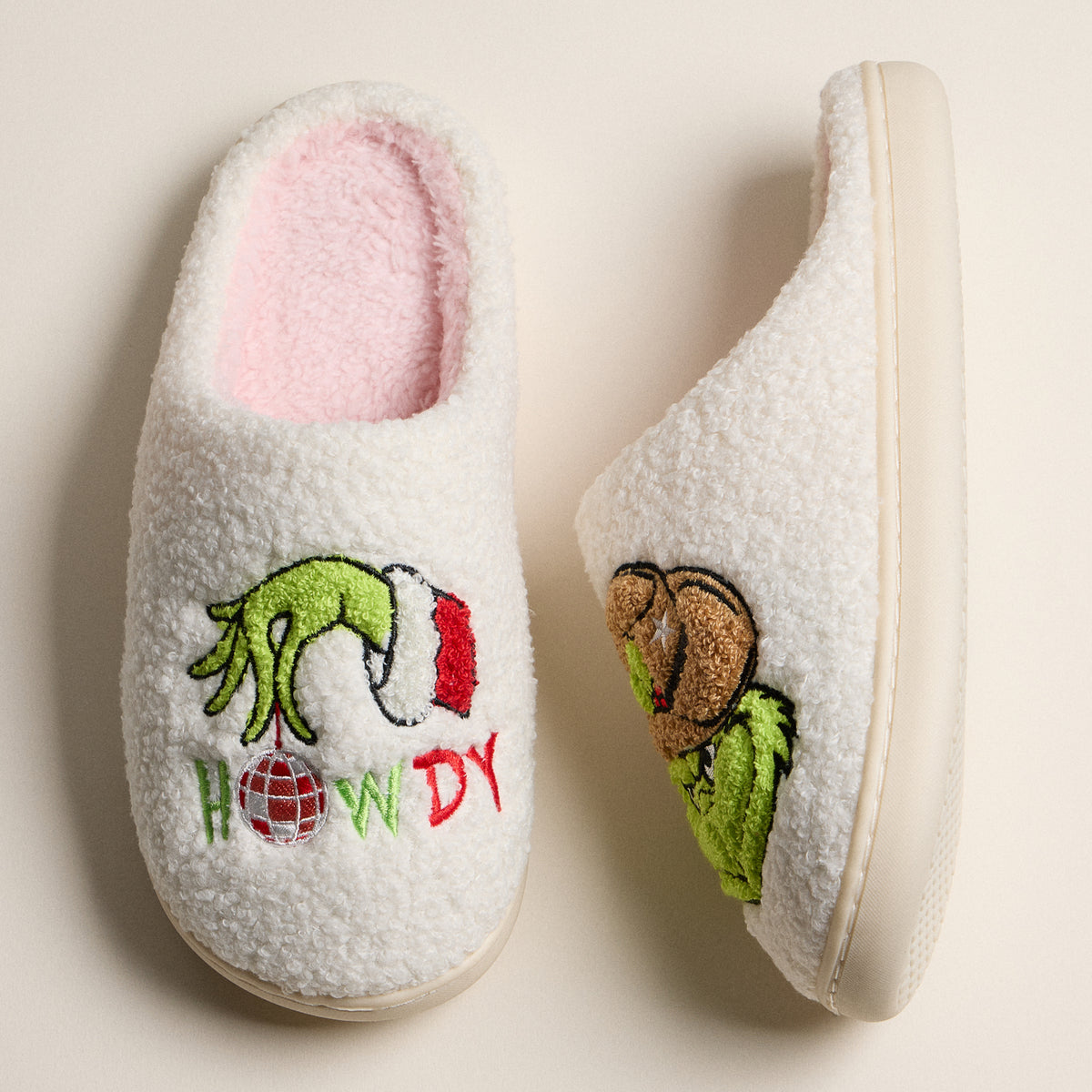 Fuzzy Holiday Slippers with Green Monster Embroidery