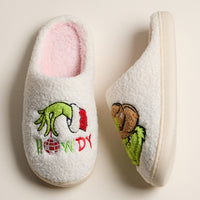 Fuzzy Holiday Slippers with Green Monster Embroidery