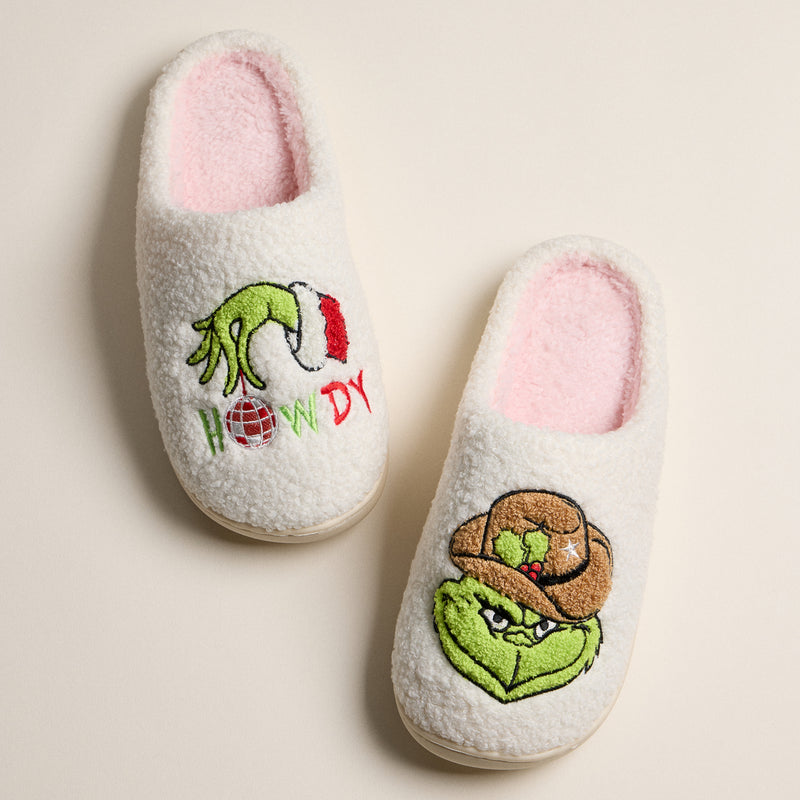 Fuzzy Holiday Slippers with Green Monster Embroidery