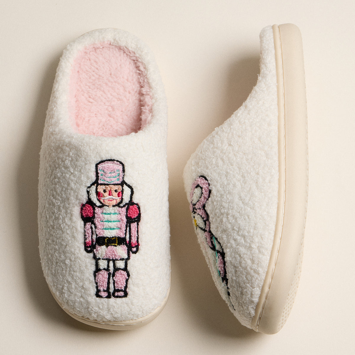 Fuzzy Holiday Slippers with Nutcracker and Ribbon Ornament