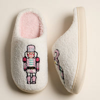 Fuzzy Holiday Slippers with Nutcracker and Ribbon Ornament