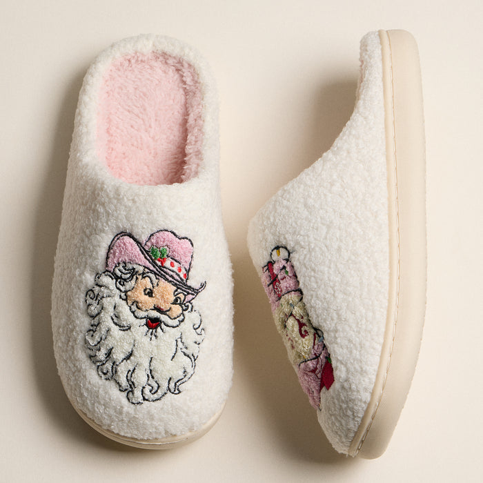 Fuzzy Holiday Slippers with Cowboy Santa and Boot Design