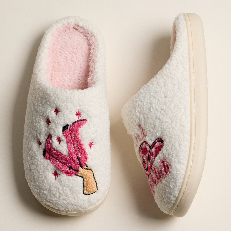 Fuzzy Slippers with Pink Pony Club and Boot Embroidery