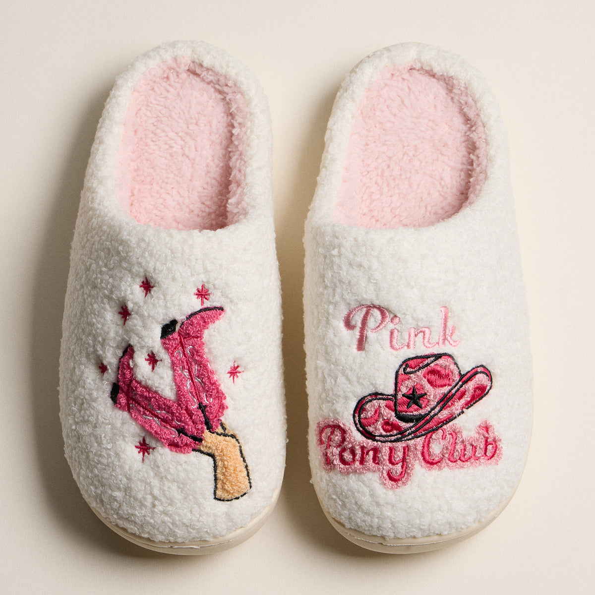 Fuzzy Slippers with Pink Pony Club and Boot Embroidery