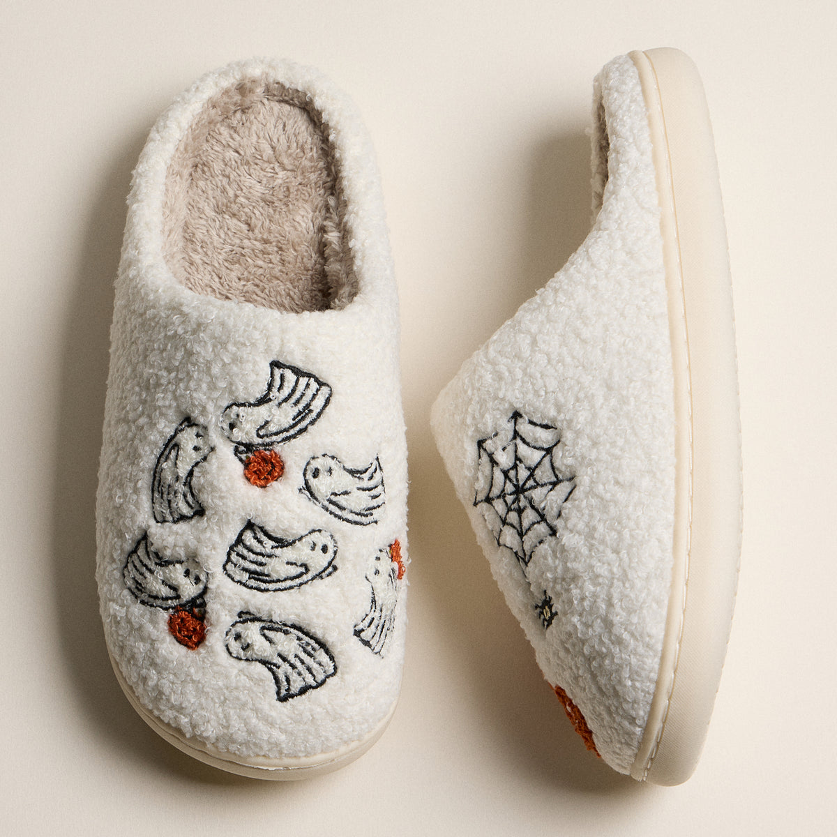 Fuzzy Halloween Slippers with Ghosts and Spider Web