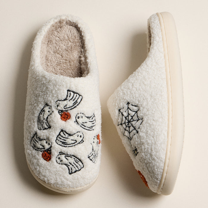 Fuzzy Halloween Slippers with Ghosts and Spider Web