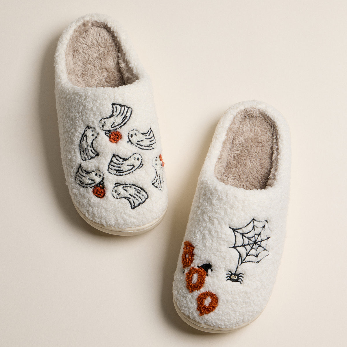 Fuzzy Halloween Slippers with Ghosts and Spider Web