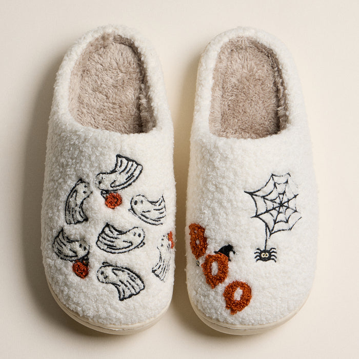 Fuzzy Halloween Slippers with Ghosts and Spider Web
