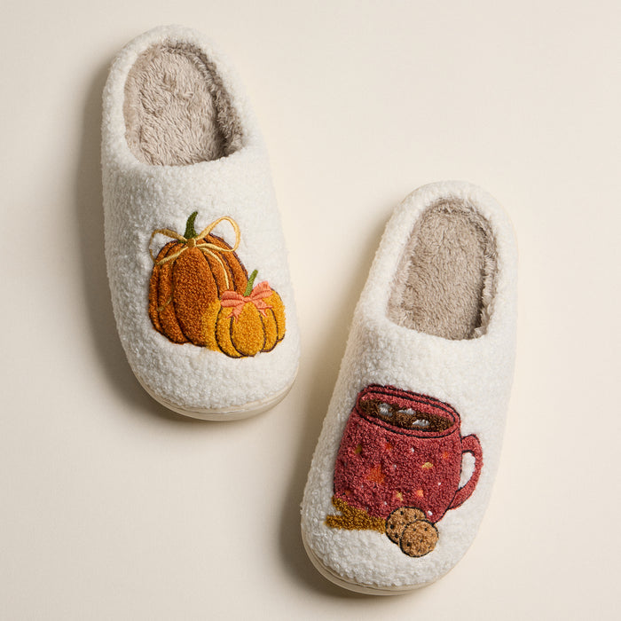 Fuzzy Fall Slippers with Pumpkin and Cocoa Mug Embroidery