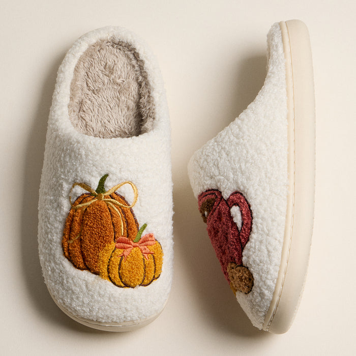 Fuzzy Fall Slippers with Pumpkin and Cocoa Mug Embroidery