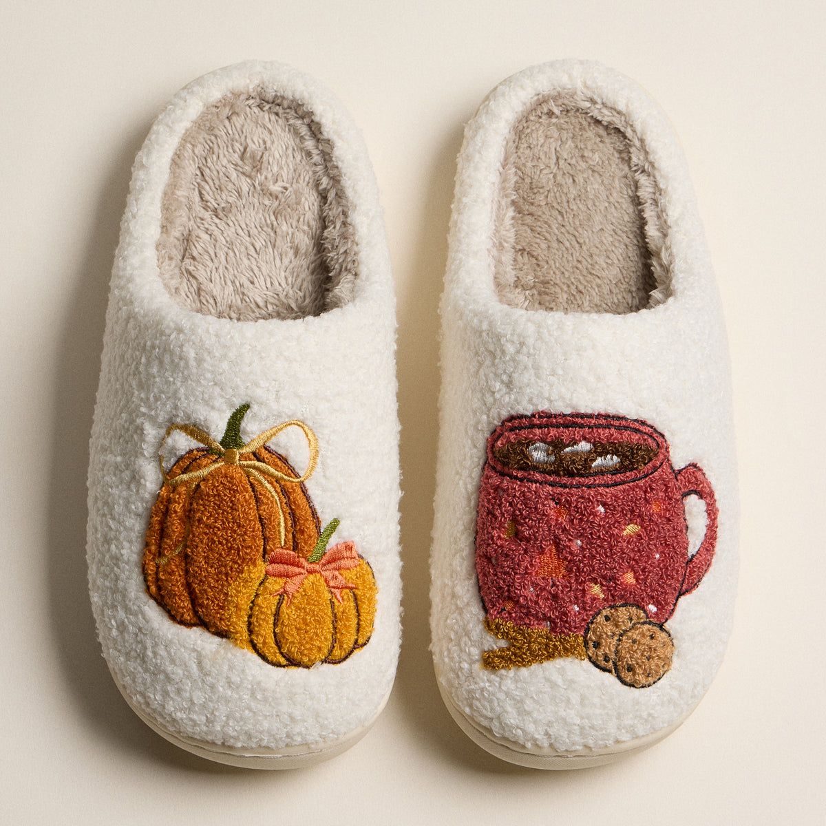 Fuzzy Fall Slippers with Pumpkin and Cocoa Mug Embroidery