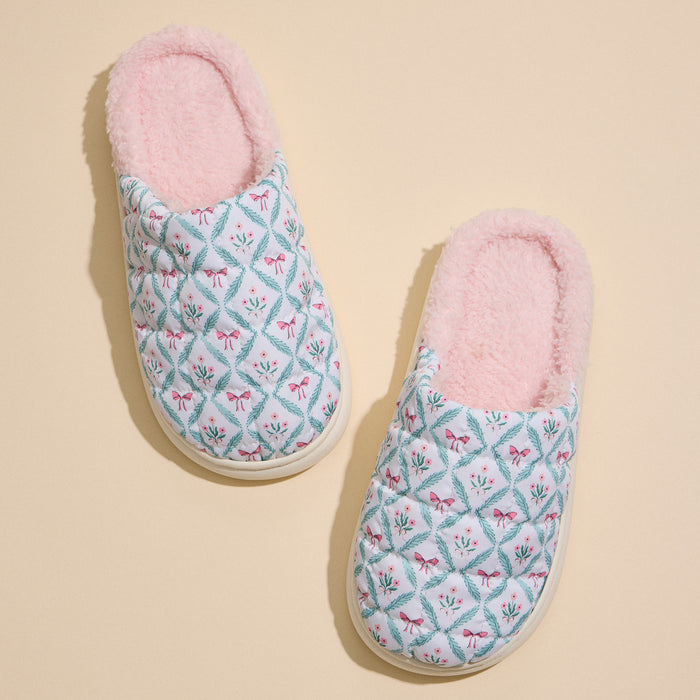 Floral Bow Print Puffer Slippers | Cozy Quilted House Shoes