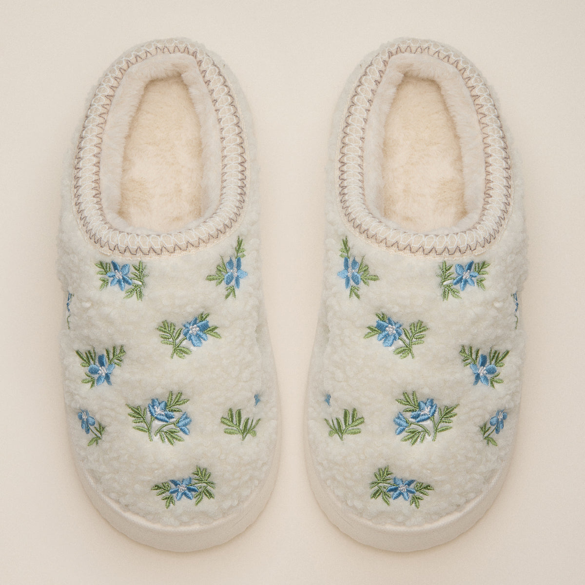Fleece-Lined Floral Slippers with Embroidered Detail