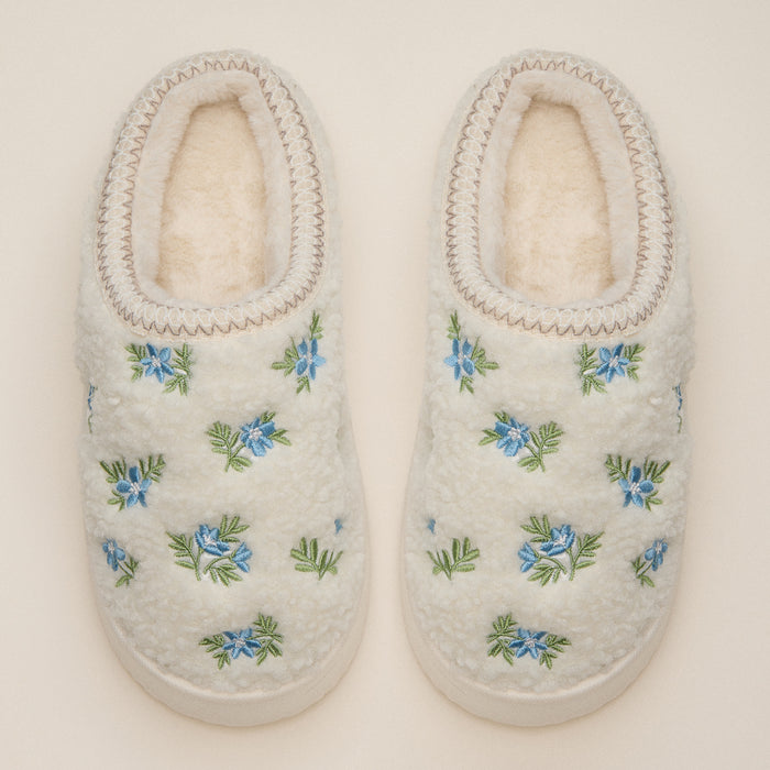 Fleece-Lined Floral Slippers with Embroidered Detail