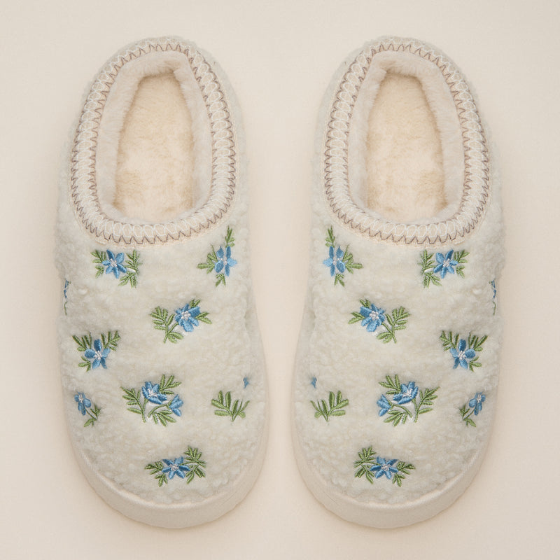 Fleece-Lined Floral Slippers with Embroidered Detail